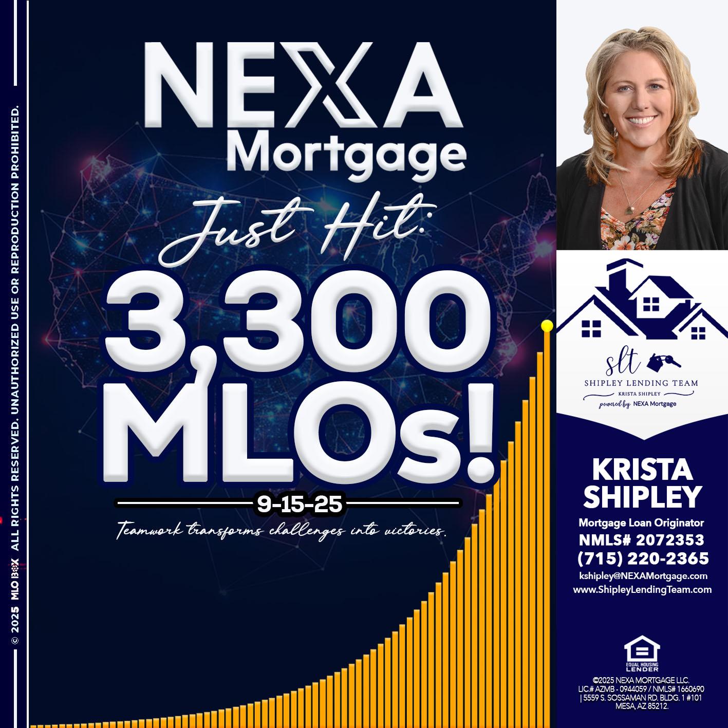 NEXA JUST HIT 3300 MLOS - Krista Shipley -Mortgage Loan Originator